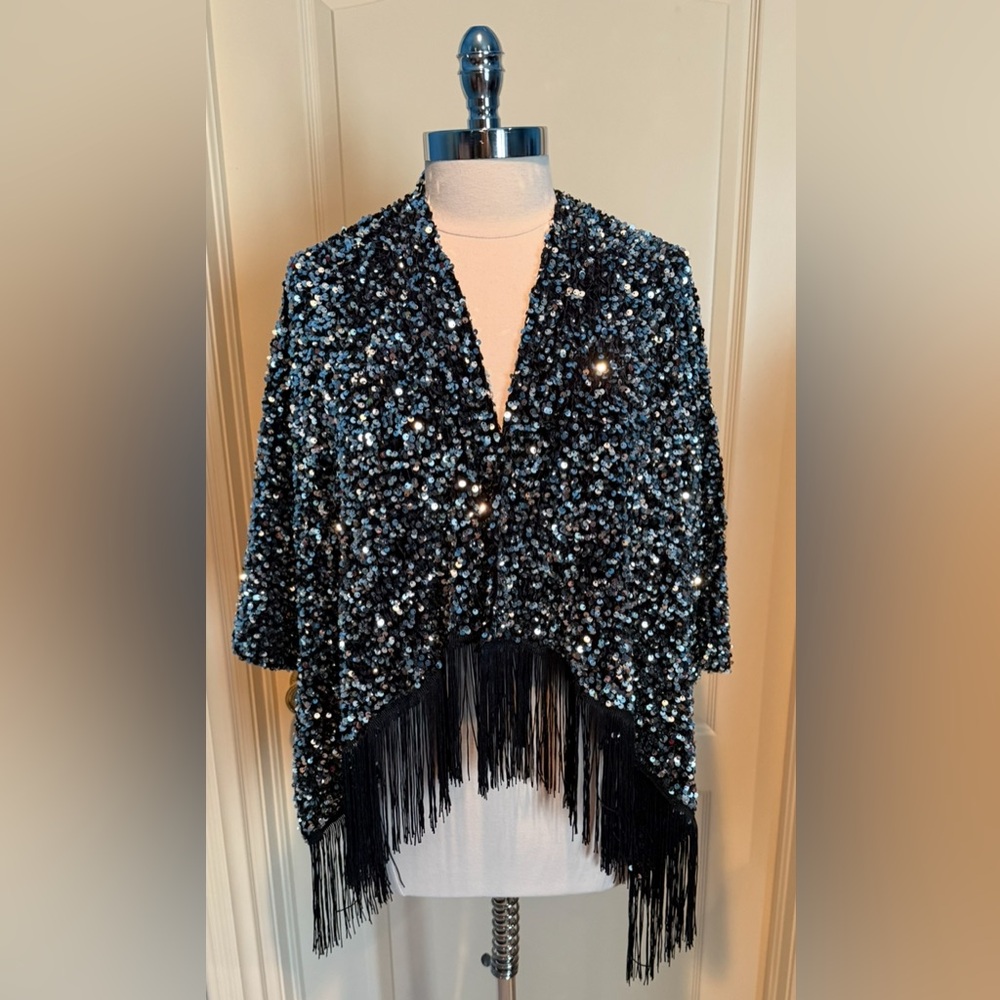 House of Harlow 1960 Black Sequin Fringe Wrap